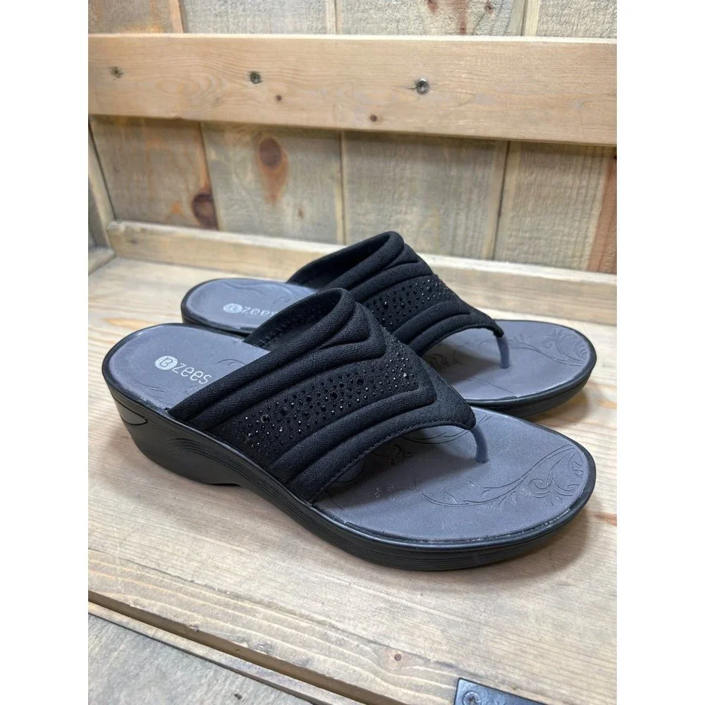 Bzees Black Dazzle Me Embellished Wedge Thong Sandals Black 8.5M
